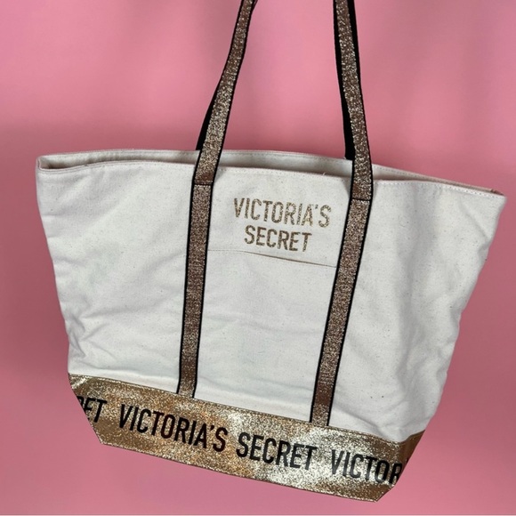 Victoria's Secret NEW Tote Bag W/ Gold Glitter Trim - Picture 2 of 5